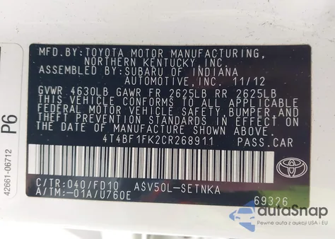 2012 Toyota Camry Le from USA, damaged, VIN 4T4BF1FK2CR268911